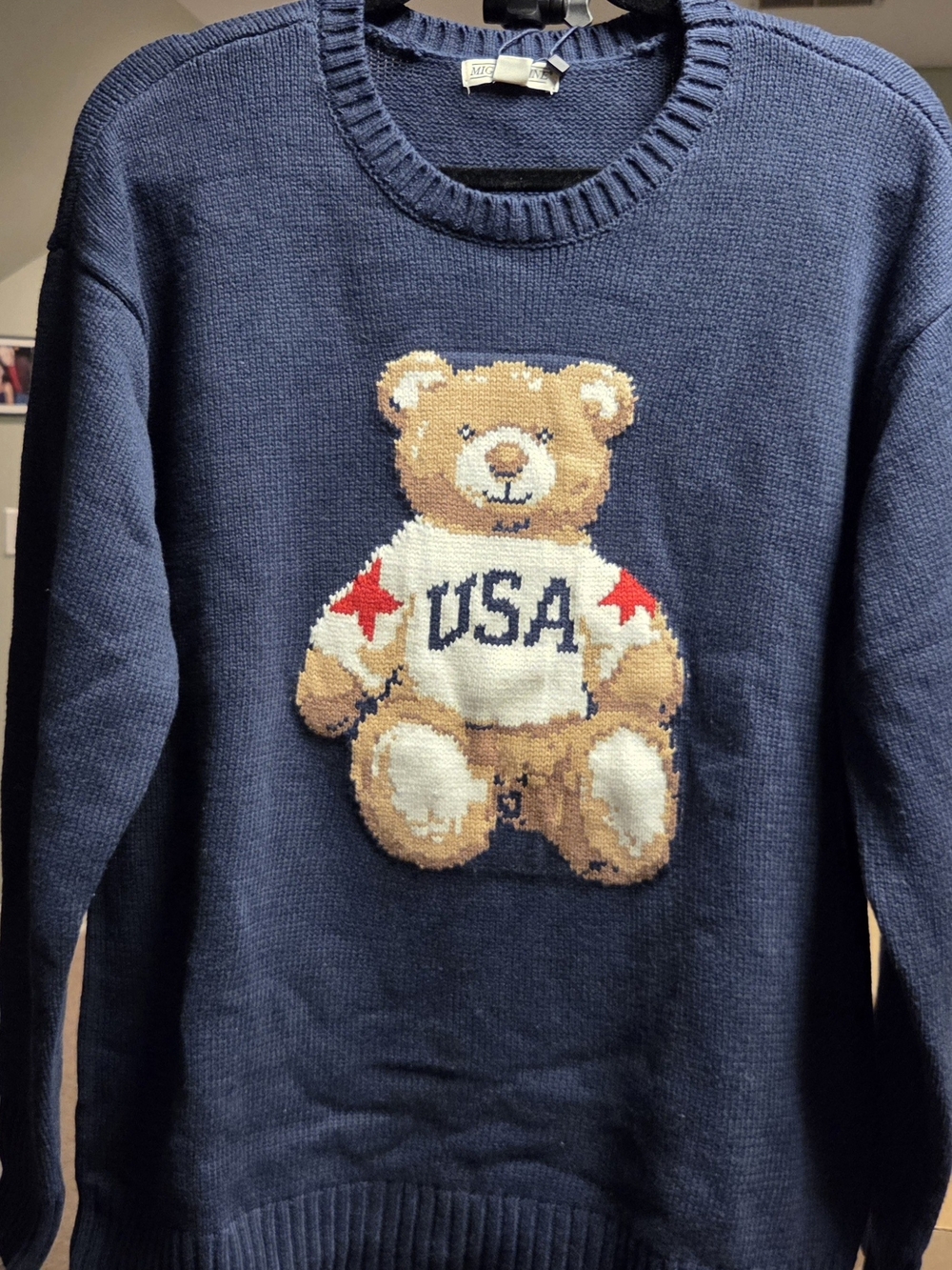Mighty Fine Navy Crewneck Sweater with Teddy Bear USA Motif